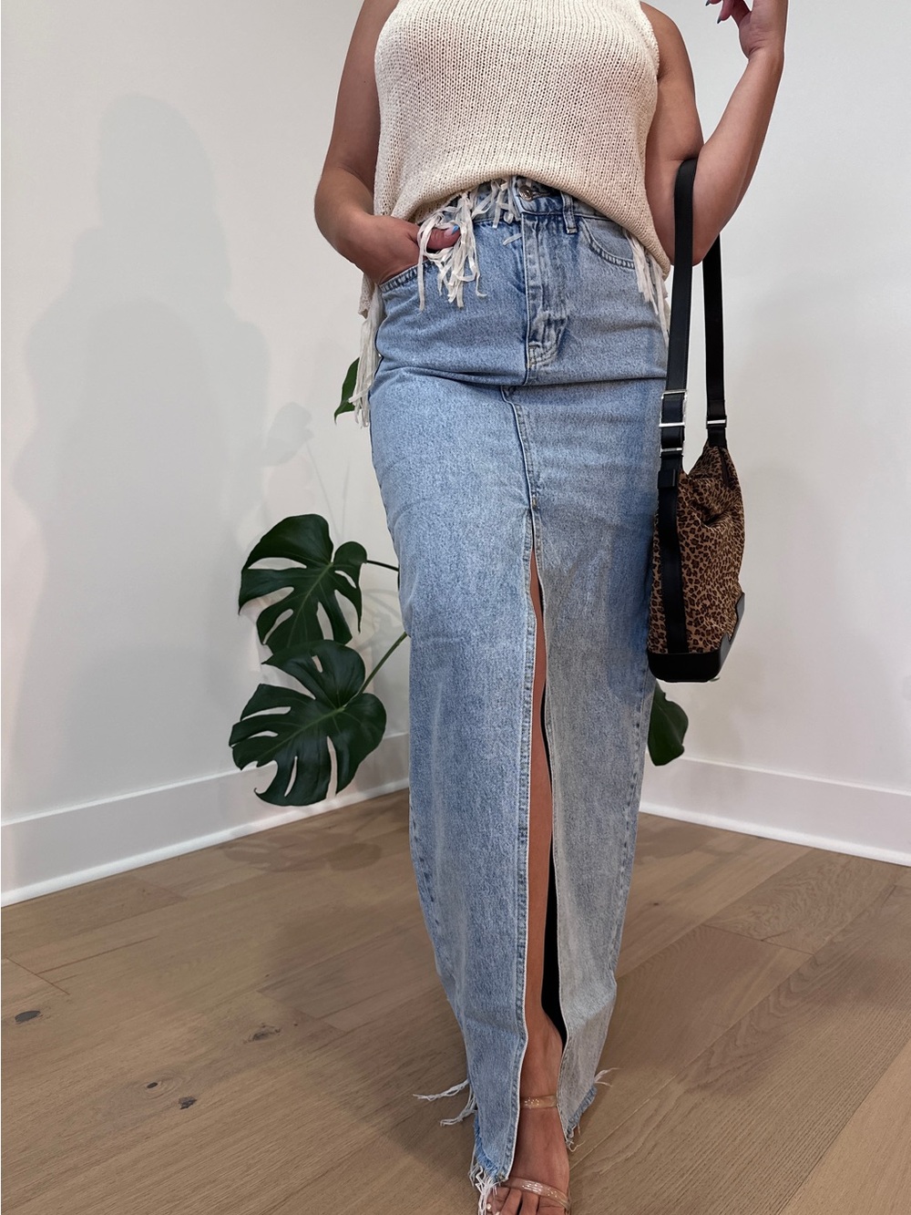 Light Wash Denim Maxi Skirt with Front Slit
